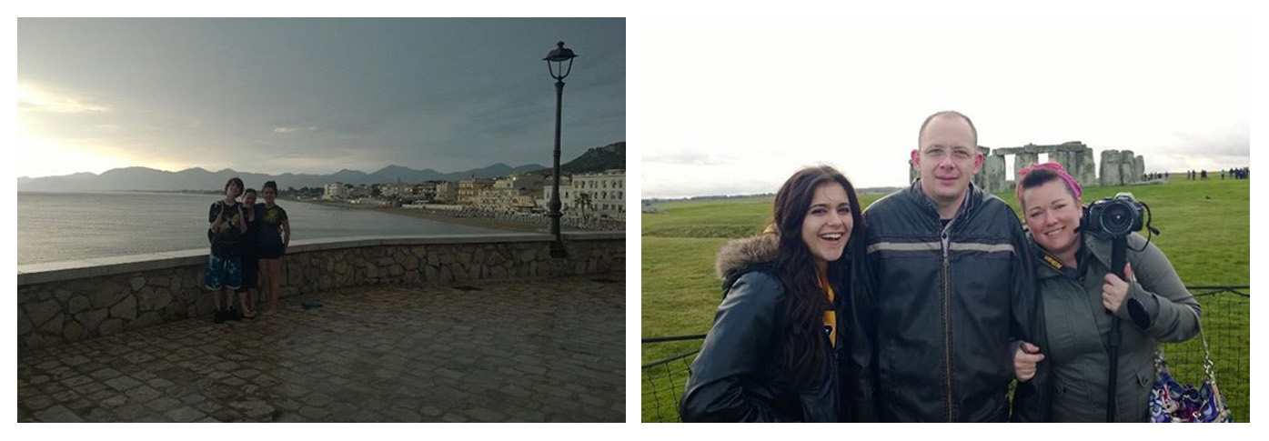 My family and I in Sperlonga, Italy and Stonehenge in England